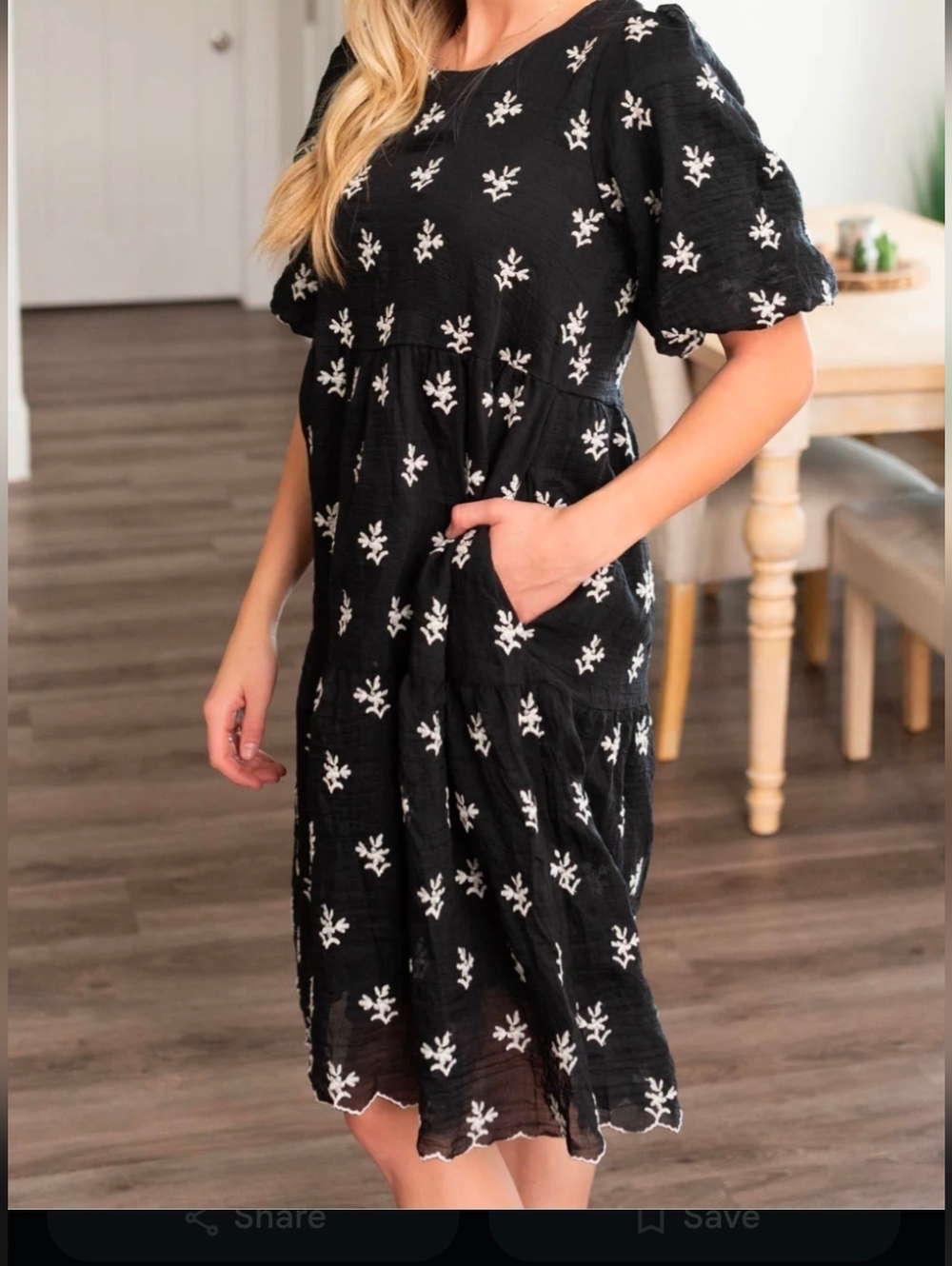 652. Polagram Black Midi Dress with White Floral Embroidery